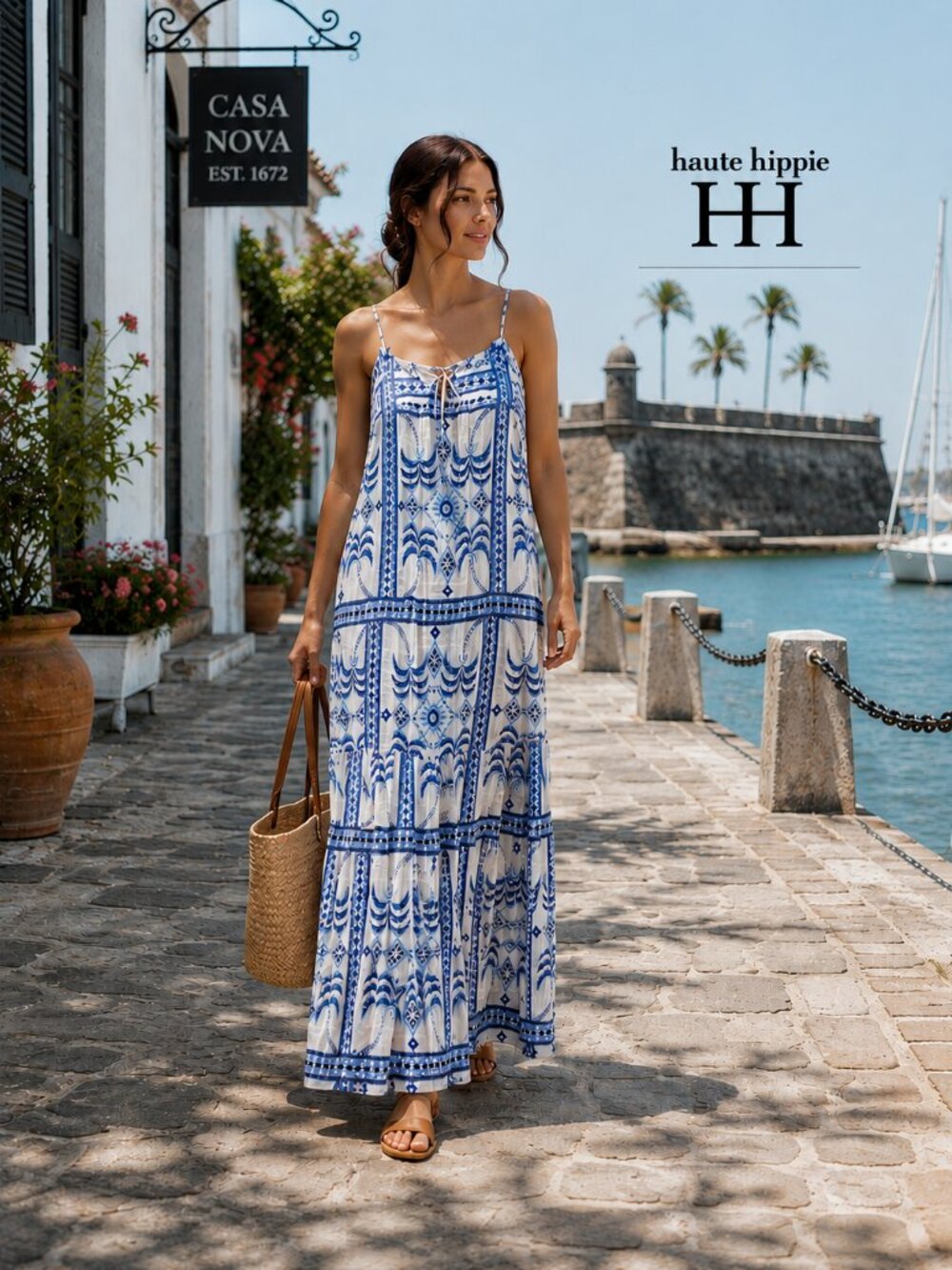Haute Hippie Style Blue Ivory Tropical Cold Shoulder Maxi Dress L